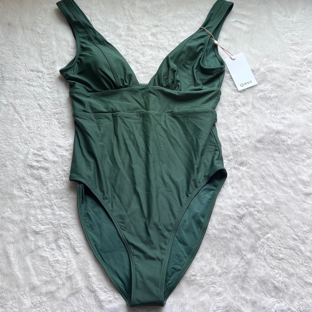 Quince Women's Forest Green Recycled V-Neck One-Piece Swimsuit ATG001 Large NWT - Picture 3 of 9